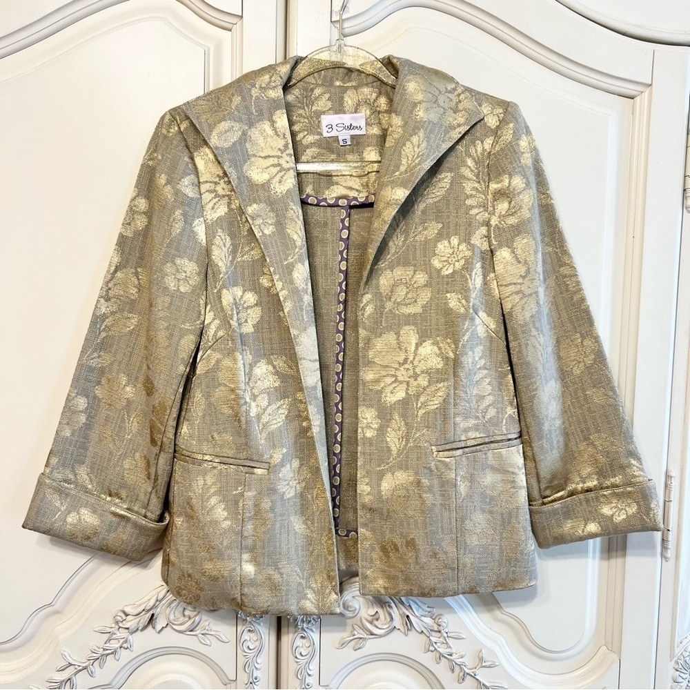 Nwt 3 Sisters Metallic Floral Open Front Blazer in Gold, Size Small